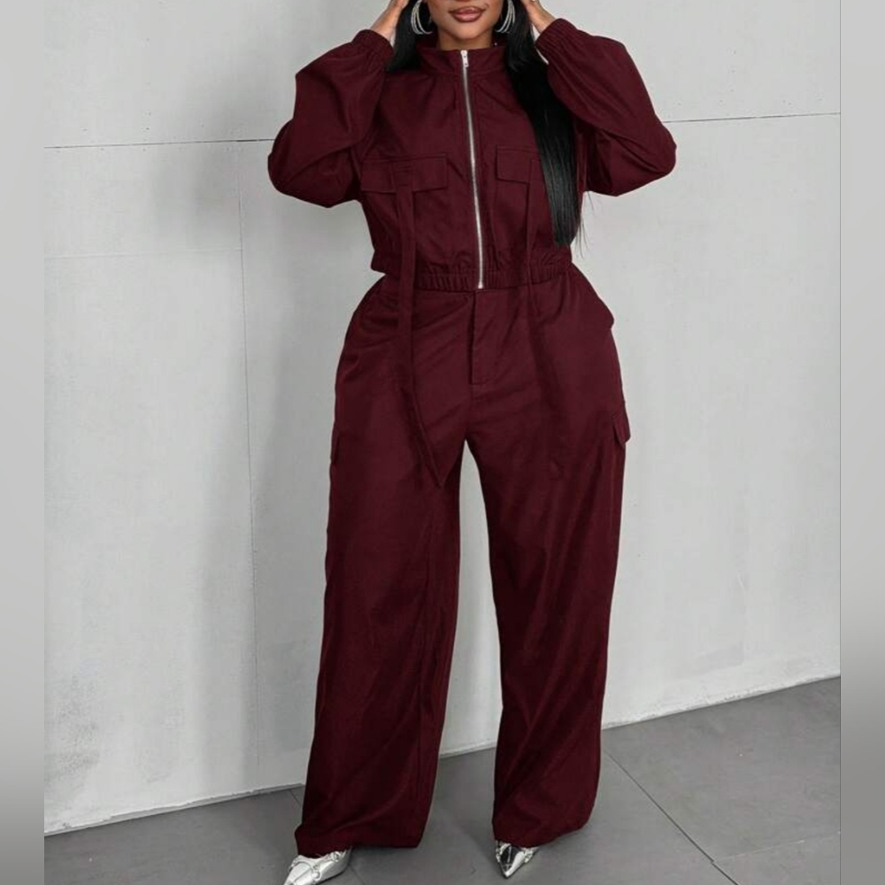 Women's Deep Red Zip-Front Crop Jacket With Wide Leg Pants Two Piece Set Sz Xl - Picture 4 of 6